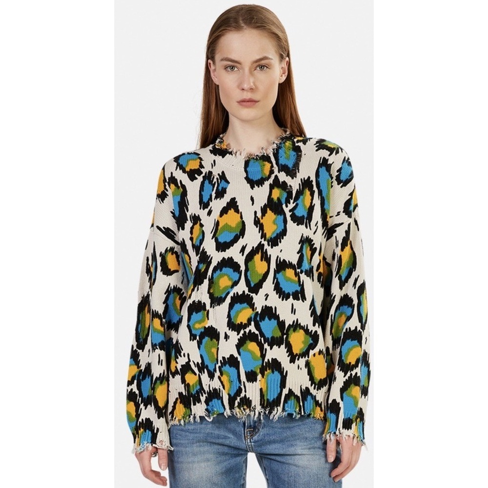 R13‎ Leopard Oversized Sweater Medium Distressed Multicolor Frayed Hem Grunge